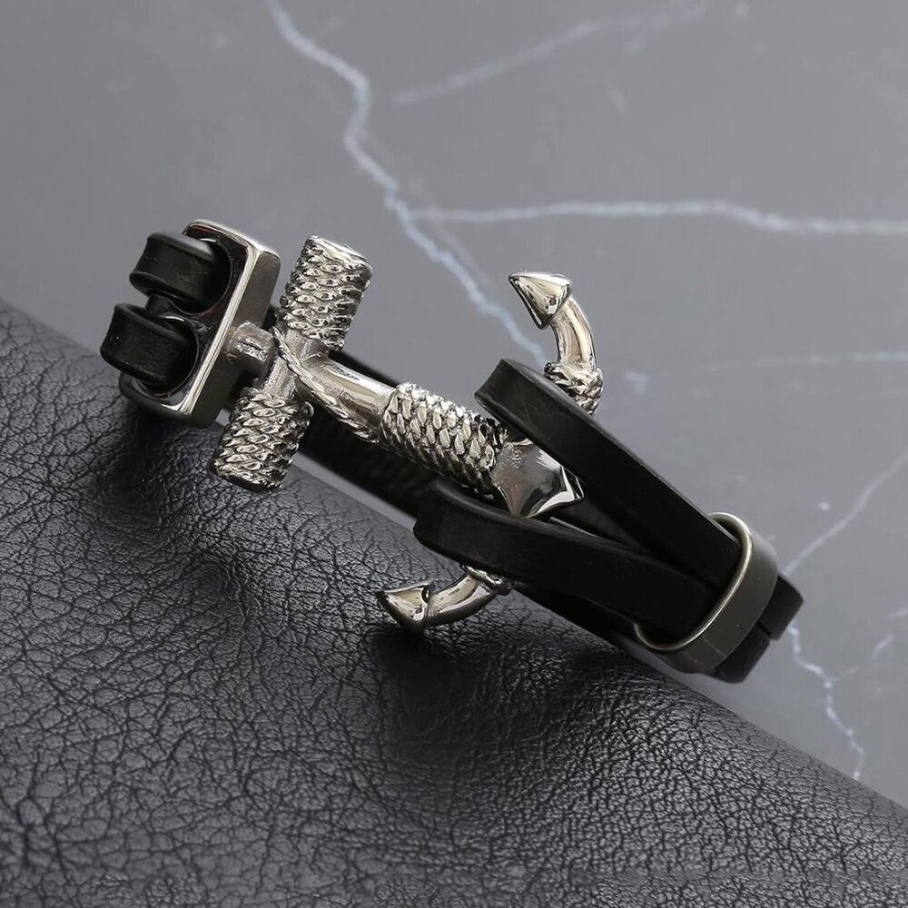 Rope Anchor Black Leather Bracelet for Men AD - Picture 5 of 6